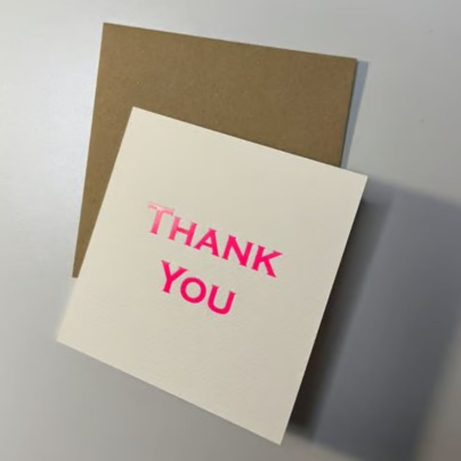 Hot Foil Hand Printed Thank You Card in Neon Pink