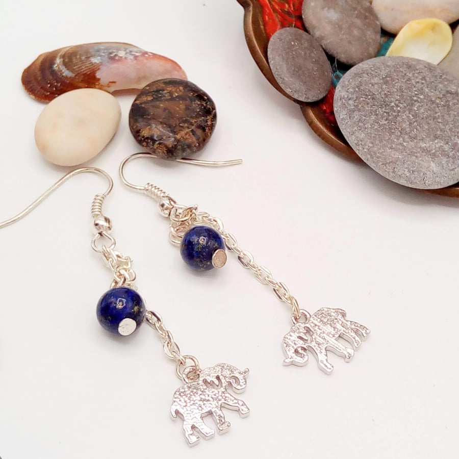 Earrings with Lapis Lazuli and a Silver Elephant on Silver Chain, Gift for Her