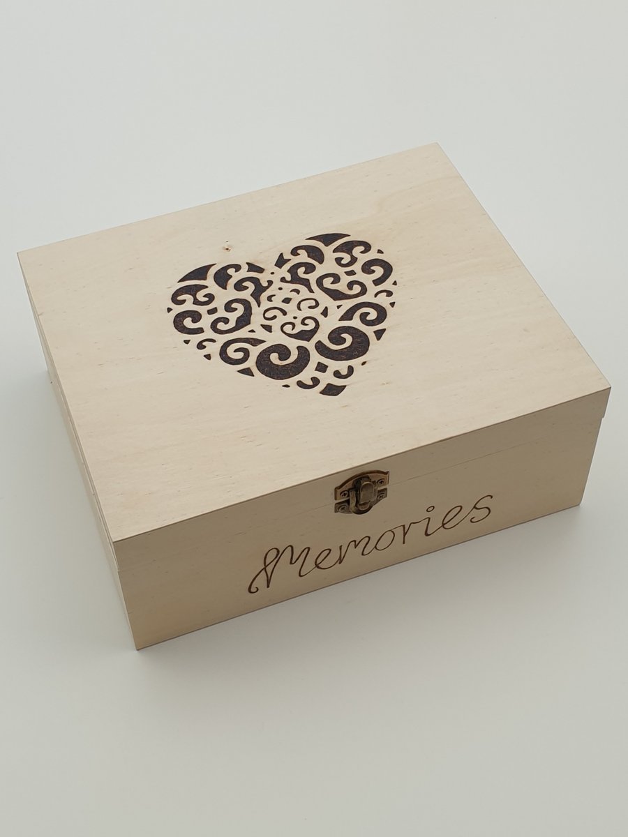 Wooden keepsake memory box decorated with pyrography heart