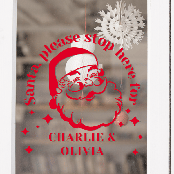 Personalised Retro Santa Stop Here Window Sticker - Custom Name Christmas Decal