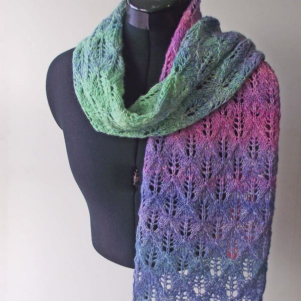 Lacy Scarf, Handspun Knitted Merino Wool, Soy Silk, Pink, Blue, Green