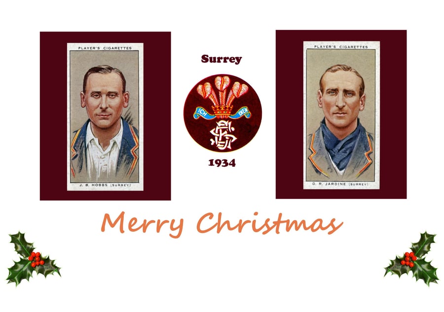 Cricket Christmas card vintage 1934 design. Surrey.Hobbs. Jardine.  FREE UK P&P
