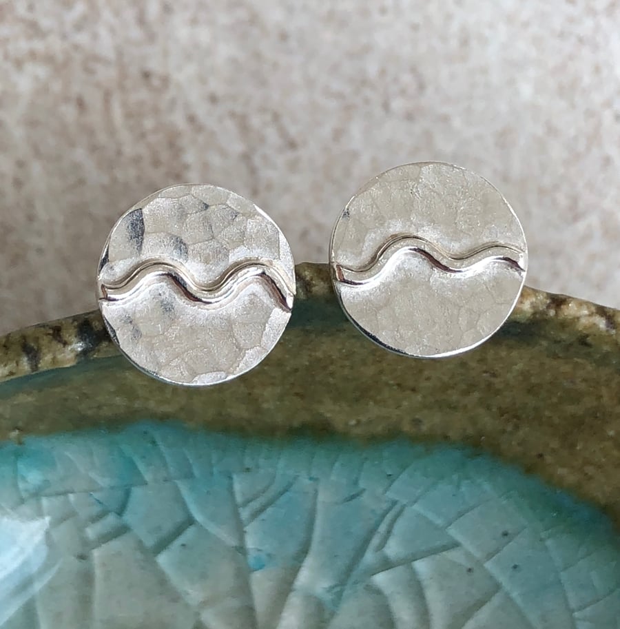 Silver wave earrings, Sterling silver studs