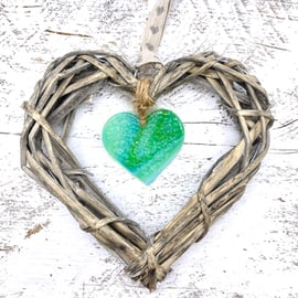 Fused Glass & Wicker Hanging Heart -  Green