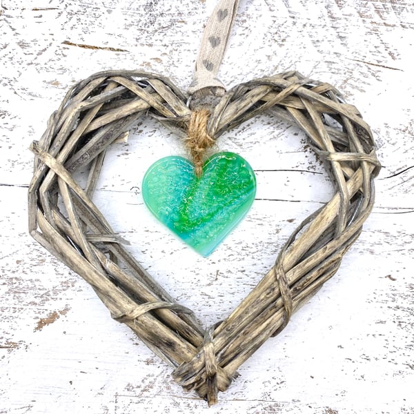 Fused Glass & Wicker Hanging Heart -  Green