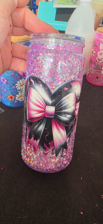 Handmade pink and black bow snowglobe tumbler Halloween themed
