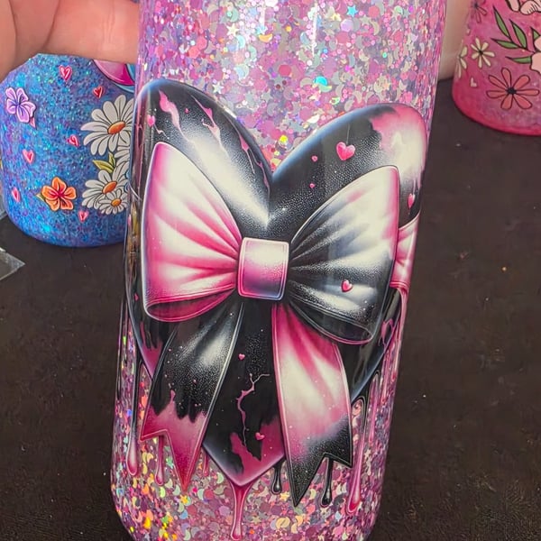 Handmade pink and black bow snowglobe tumbler Halloween themed