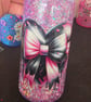 Handmade pink and black bow snowglobe tumbler Halloween themed