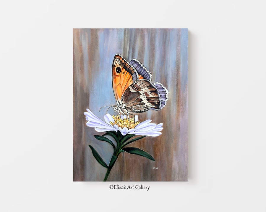 Original Meadow Brown Butterfly on Flower Art Acrylic Canvas Painting
