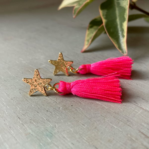 Bright Pink & Gold Star Tassel Earrings