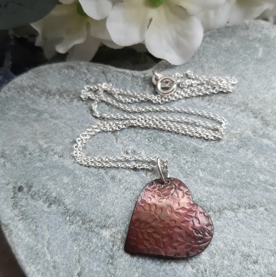  Domed Oxidised Copper Heart Pendant With Sterling Silver Chain Vintage