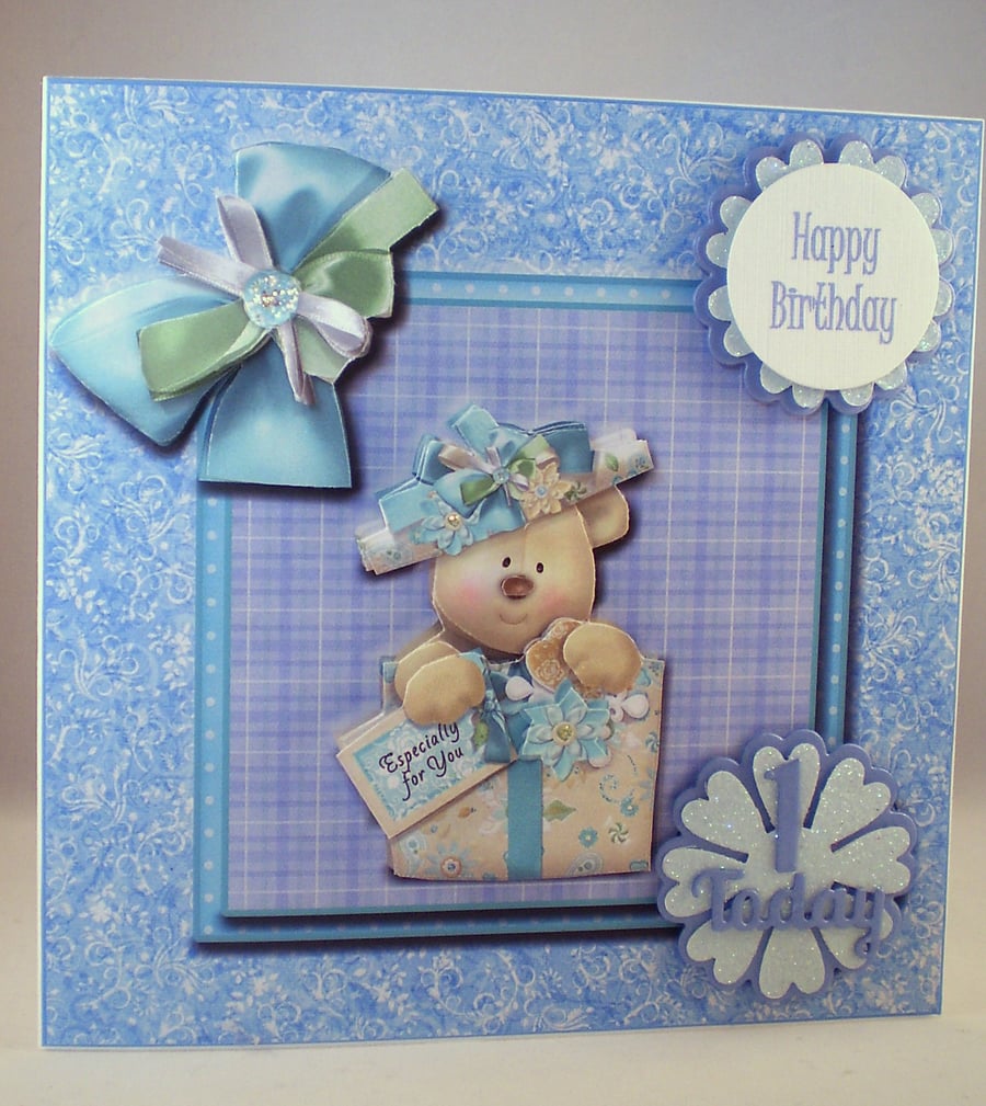 Handmade Childrens Teddy 1st Birthday Card, 3D, Decoupage, Personalise