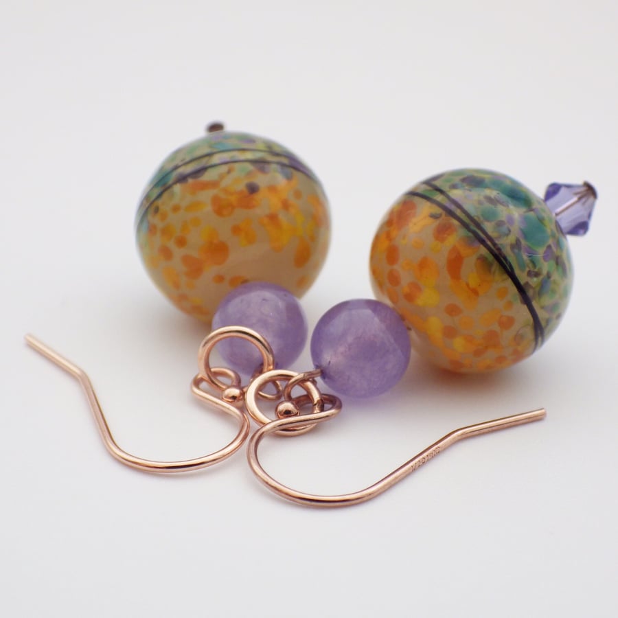 Pretty fritty green & yellow UK lampwork glass bead earrings with lavender jade