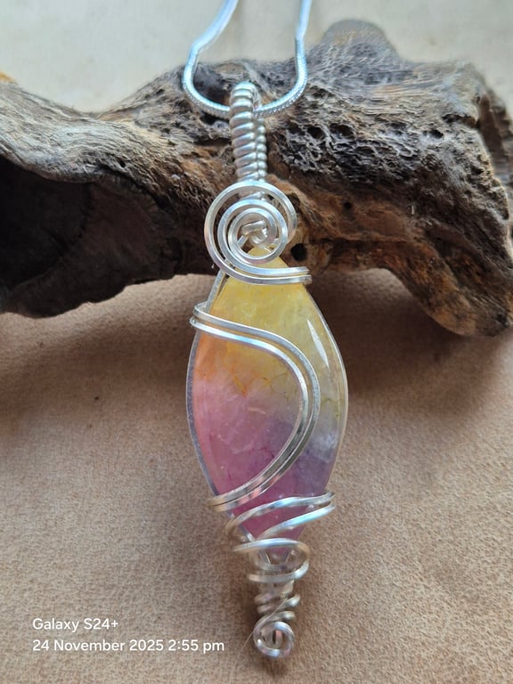 Wire wrapped Rainbow Quartz pendant on 16 inch chain 