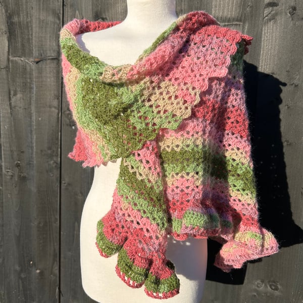 Asymmetrical Pink & Green Mohair Hand Knitted Lace Wrap Shawl Scarf 