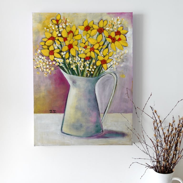 Original Acrylic Painting with Daffodils and Spring Flowers in a Vintage Vase