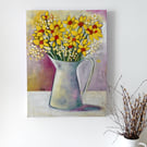 Original Acrylic Painting with Daffodils and Spring Flowers in a Vintage Vase