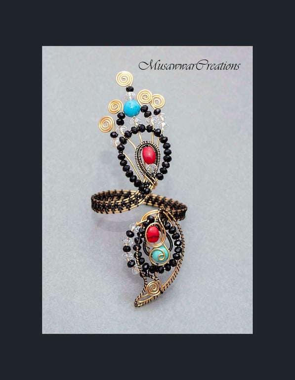 Peacock Inspired Forearm Cuff – Handmade Wire Woven Gold & Black Bracelet 