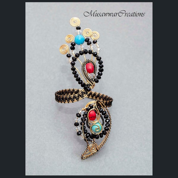 Peacock Inspired Forearm Cuff – Handmade Wire Woven Gold & Black Bracelet 