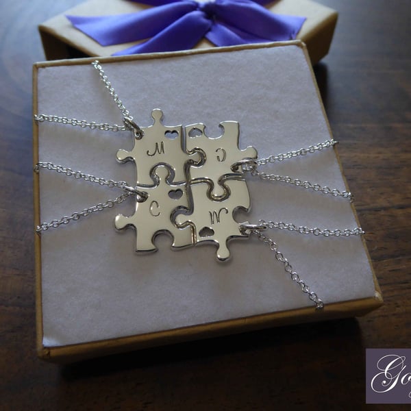 Four Best Friend Necklaces with Hearts - Four Miniature Puzzle Charms - Miniatur