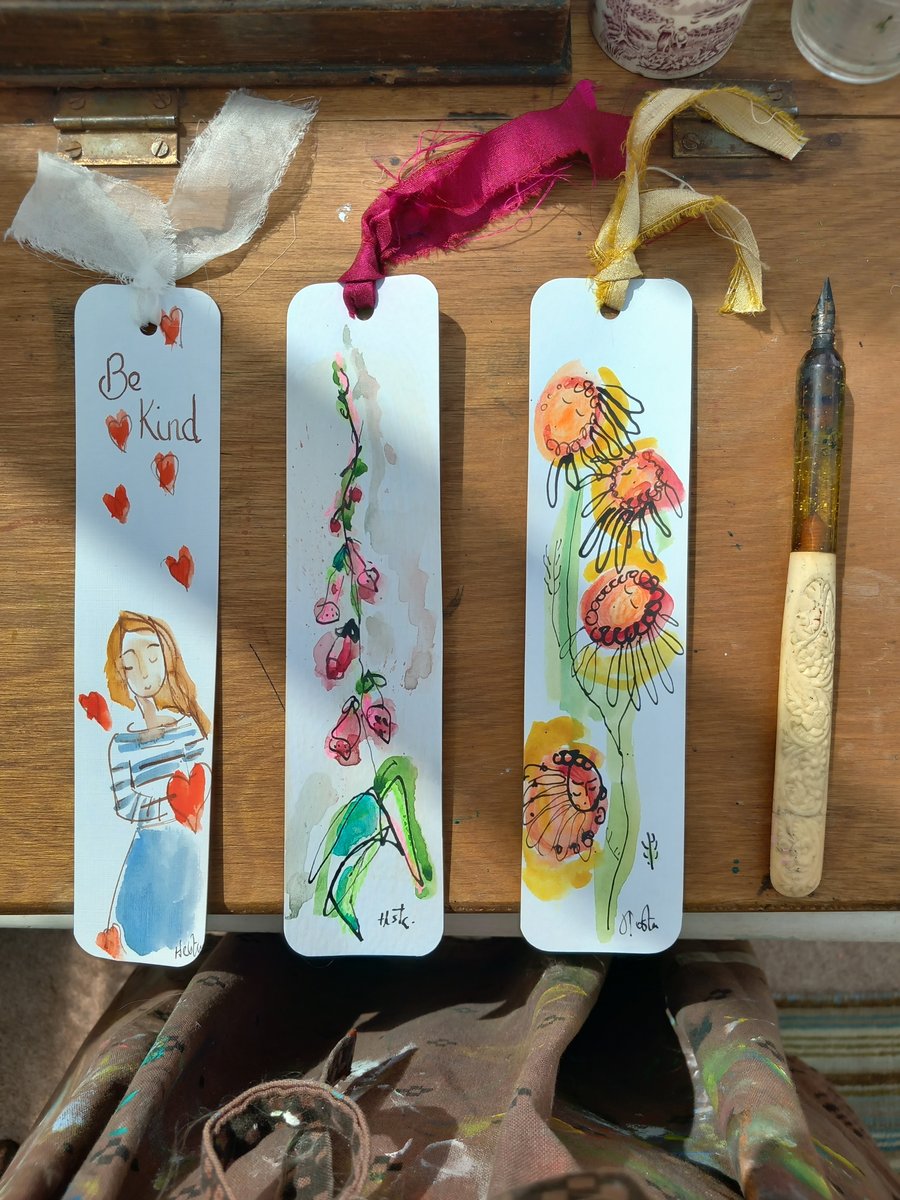 Set of three. Hand drawn and painted bookmarks '