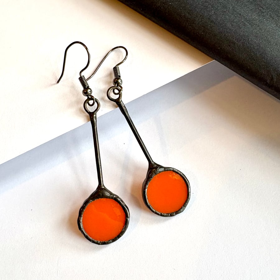 Orange stained glass dangle earring, minimalist jewellery, everyday, handmade  