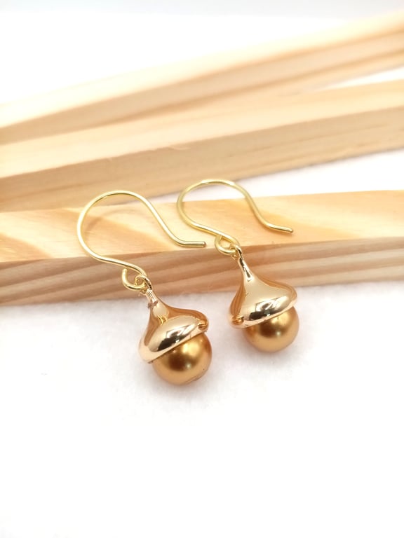 Acorn Earrings - Dark Gold Pearl - Light Gold Pearl - Glass Pearl Drop Earrings 