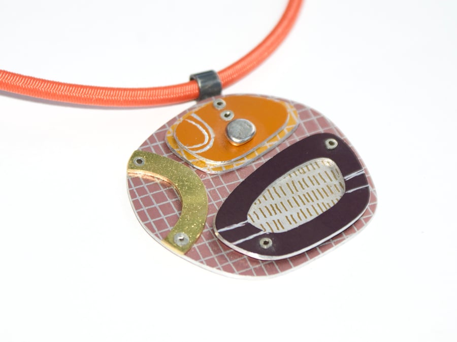 Abstract pebble necklace pink and mustard