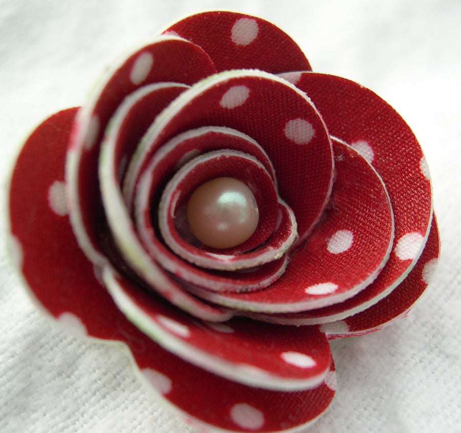 Hardened Fabric Floral and Red Polka Dot Rose Brooch