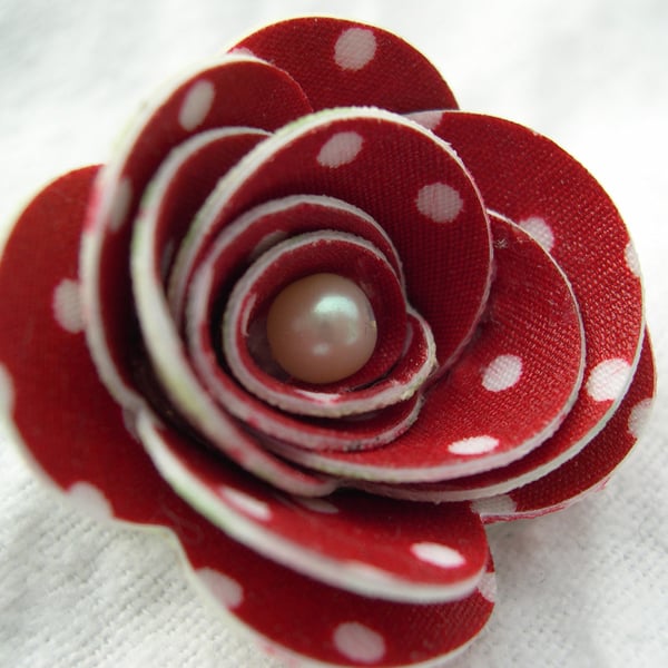 Hardened Fabric Floral and Red Polka Dot Rose Brooch