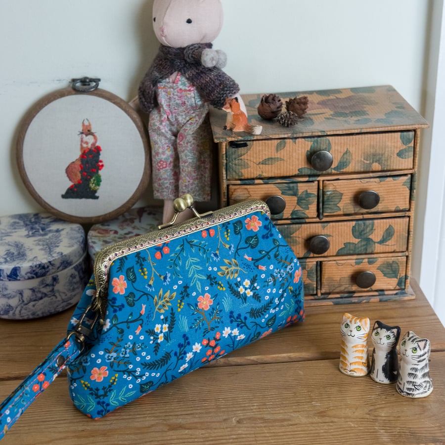 Botanical wristlet clutch purse in Rifle Paper fabric with hand stitched frame