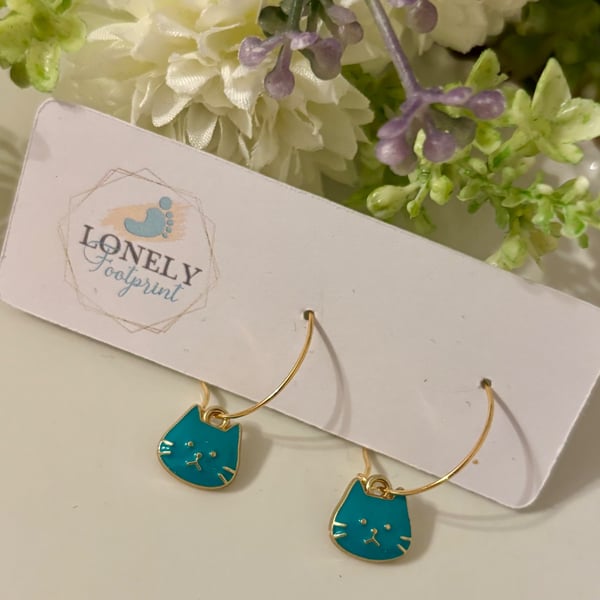 Turquoise Blue Enamel Cat Hoop Earrings, Charm Earrings, Handmade Jewellery 