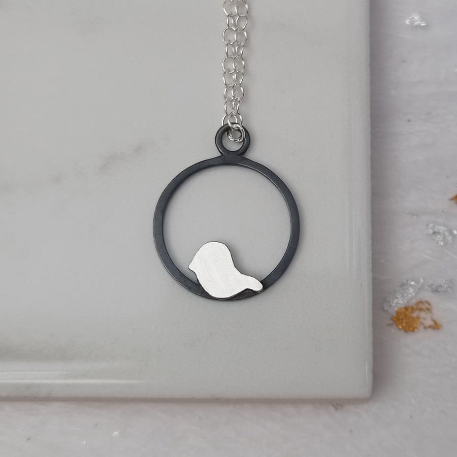 Oxidised sterling silver bird necklace - handmade pendant necklace
