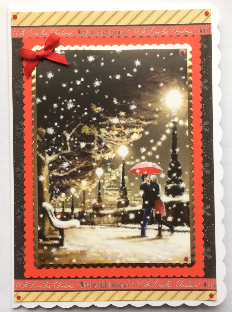 3D Christmas Card Kissing Couple on a Snowy River Embankment