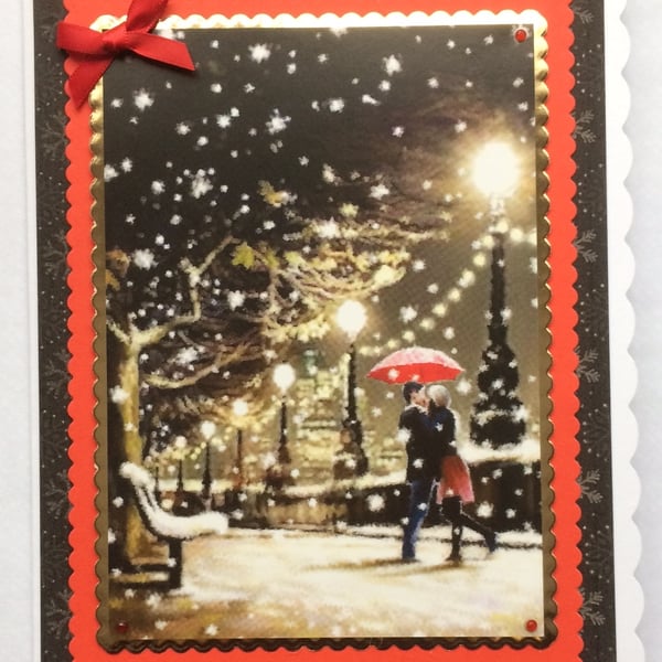 3D Christmas Card Kissing Couple on a Snowy River Embankment