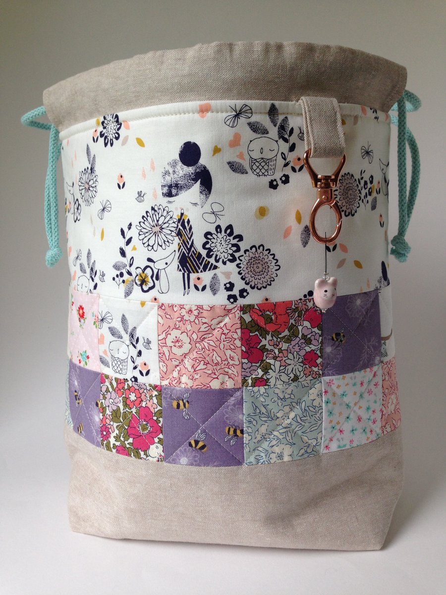 Lovely Large cotton and Linen patchwork project bag.