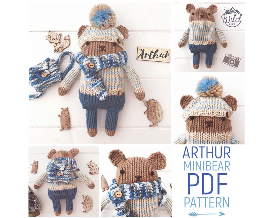 Digital PDF Knitting Pattern for Toy Teddy Bear Doll 'Arthur' & Accessories 