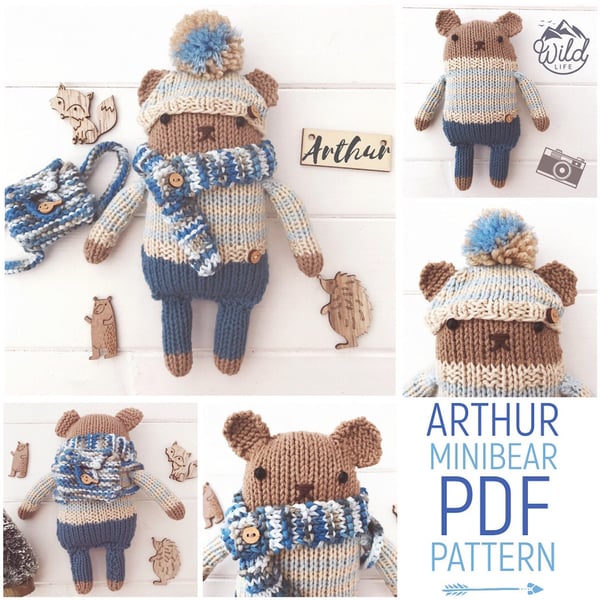 Digital PDF Knitting Pattern for Toy Teddy Bear Doll 'Arthur' & Accessories 
