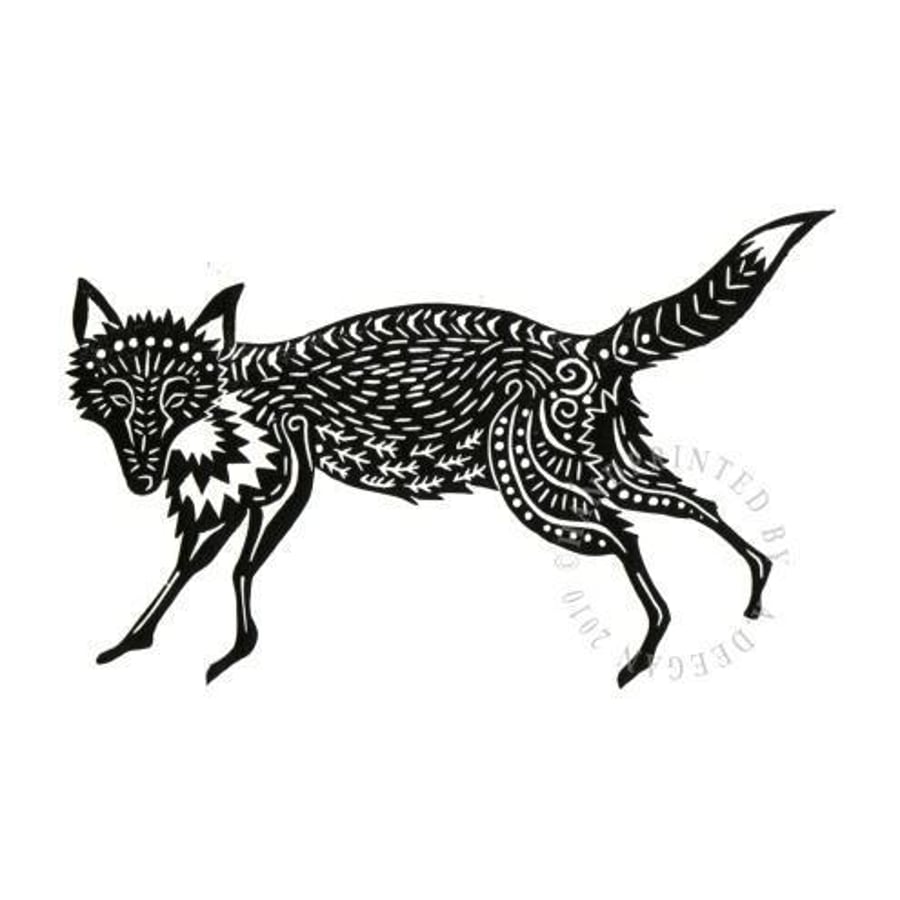 Original lino cut print "Garden Fox in Black"