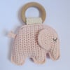 Elephant, Teething ring, Pink, Baby gift, Cotton yarn, Beech wood ring