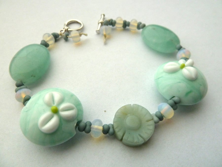 SALE lily and amazonite bracelet, lampwork and sterling silver