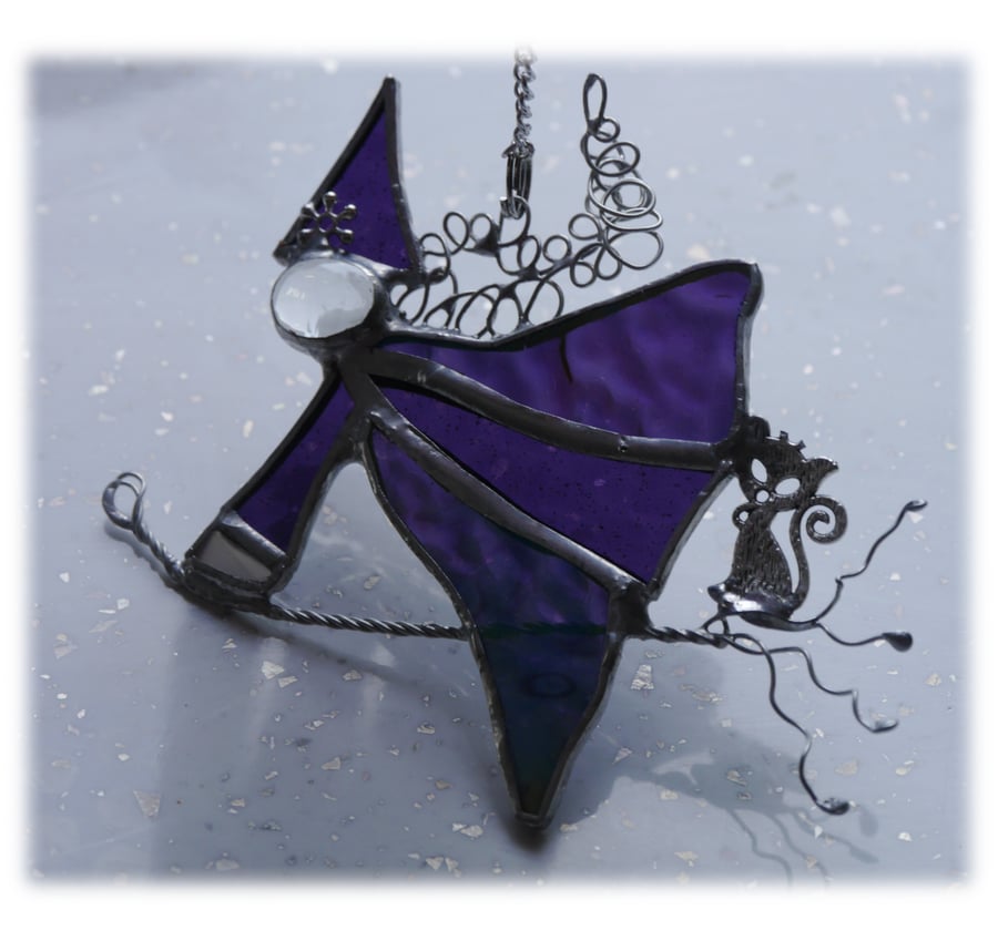 Witch on Broomstick Suncatcher Stained Glass 040 Purple
