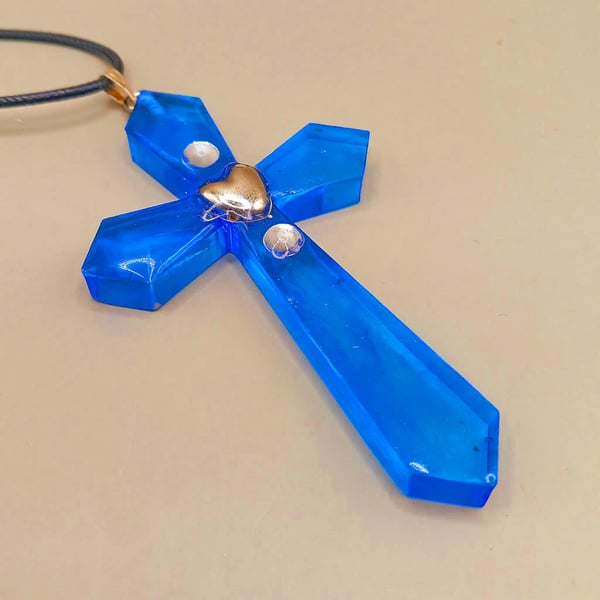 Large Handmade Blue Resin Crucifix or Gothic Pendant with a Silver Heart Centre