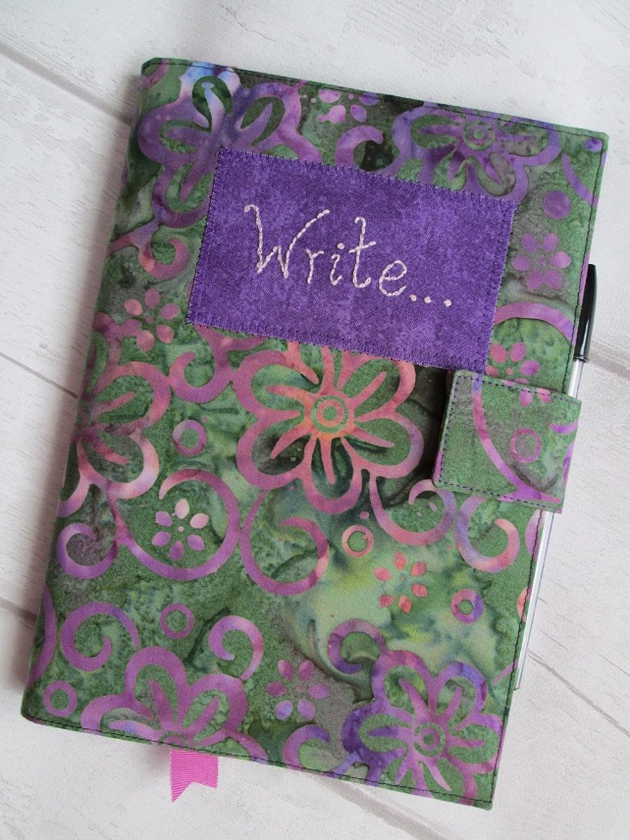 A5 Green & Purple Floral Batik Reusable Notebook Cover