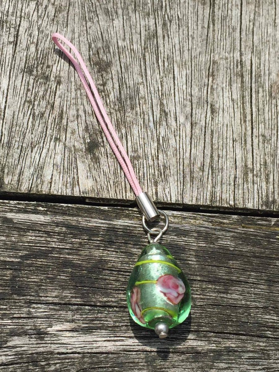 Pink and green glass bead phone charm