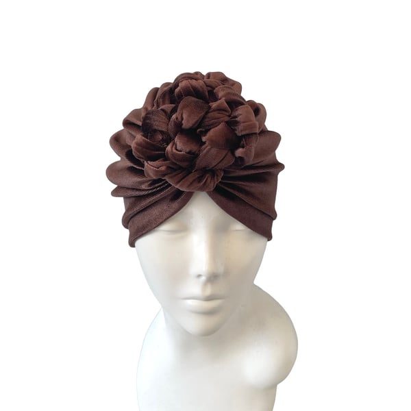 Brown Vintage Style Knotted Turban Hat Soft Elastic Velvet Head Wrap