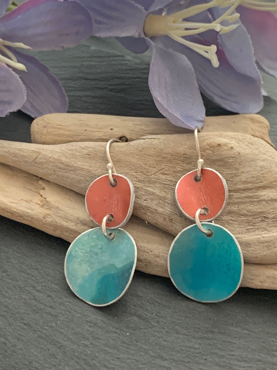 Printed Aluminium and sterling silver earrings - Turquoise &  orange watercolour