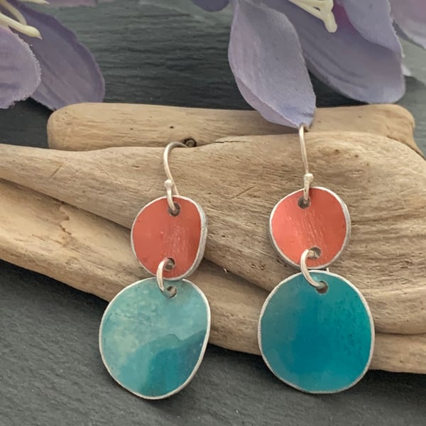 Printed Aluminium and sterling silver earrings - Turquoise &  orange watercolour