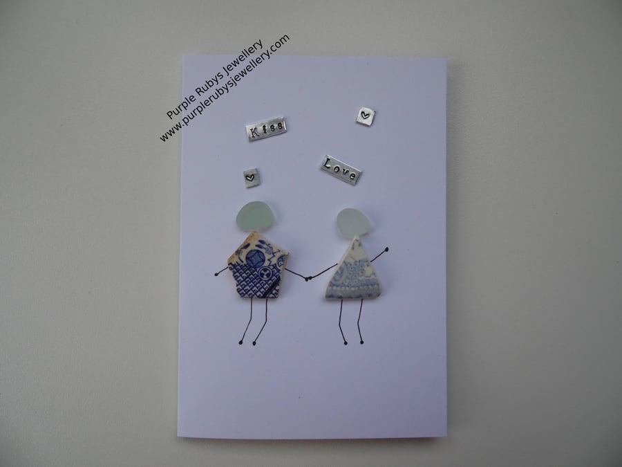 'Kiss' 'Love' Valentines Card Blue Sea Pottery & Sea Glass People C282