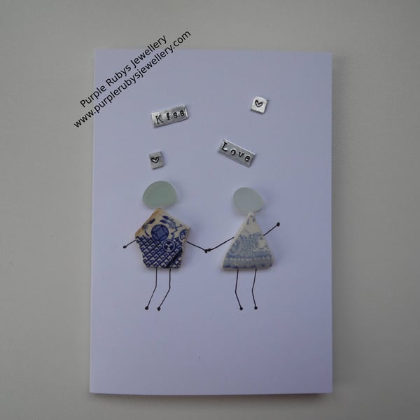 'Kiss' 'Love' Valentines Card Blue Sea Pottery & Sea Glass People C282